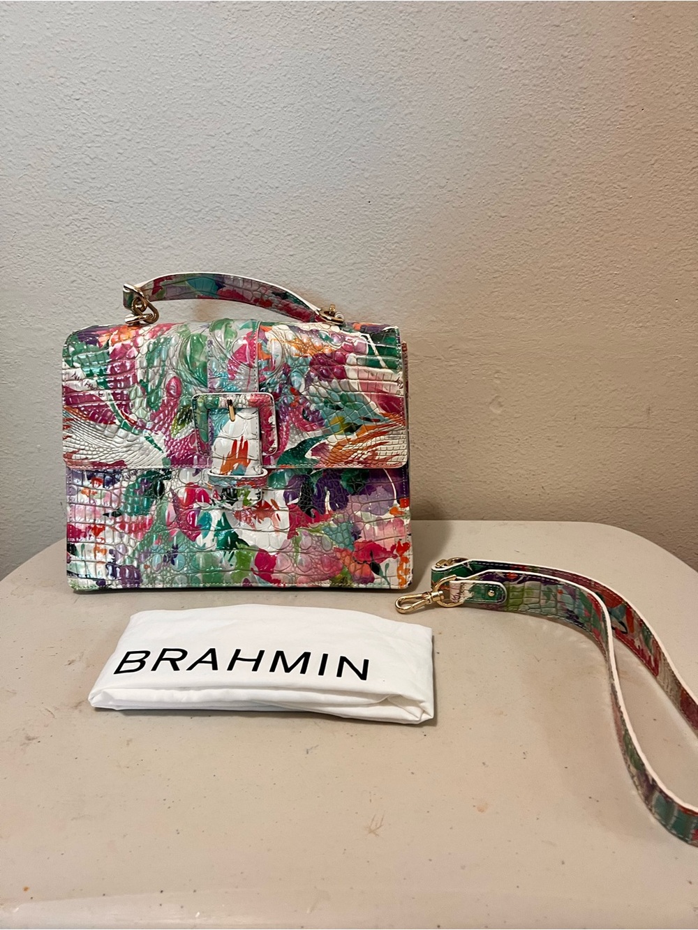 Brahmin Multicolor Floral Embossed Crossbody in White Base